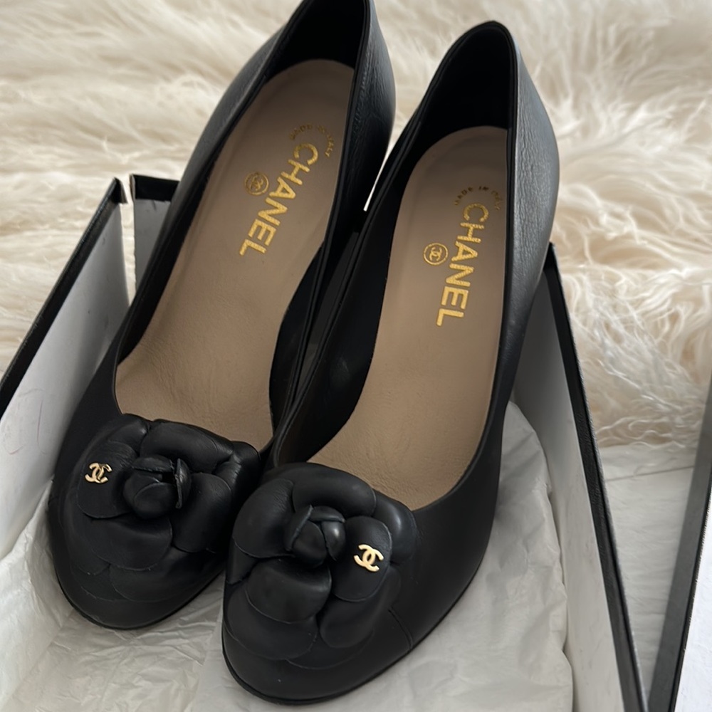 Authentic CHANEL Black Leather Heels with Floral Accent